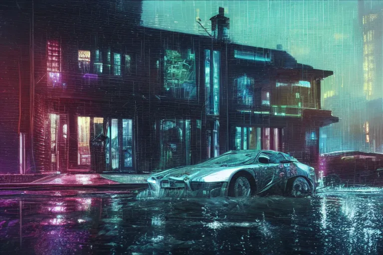 Image similar to cyberpunk, an estate agent listing photo, external view of a detached city house in the UK, cityscape, it's night time, raining, old car, by Paul Lehr, highly detailed, photorealistic, unreal engine, 8k, anamorphic, cinestill cinematrography