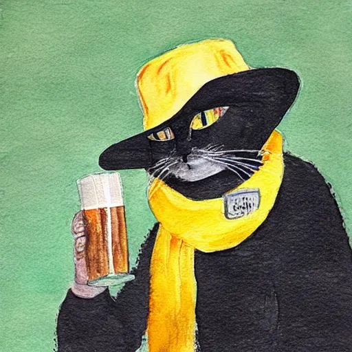 Image similar to a cat wearing a black bucket hat and a black and yellow colored scarf drinking a beer at an outdoor bar, children\'s book watercolor drawing