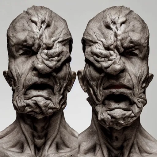 Image similar to a physical sculpture of a struggling human face, it means the two sides of people, by augustus rodin