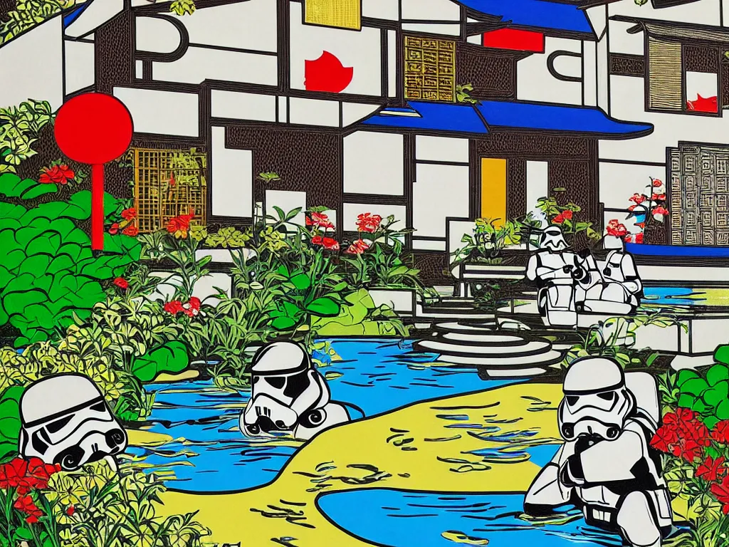 Image similar to detailed close - up image of the japanese home with a garden and a pond, 2 stormtroopers sitting around it, pop - art style, jacky tsai style, andy warhol style, roy lichtenstein style, rich palette, acrylic on canvas