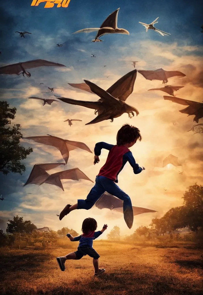 Image similar to a running child looking at a pterodactyle flying in the sky in the style of a movie poster, realistic, super detailed, cinematographic, epic lighting