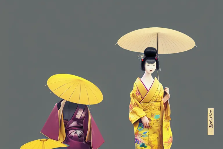 Prompt: surreal fullbody Portrait of japanese geisha with yellow umbrella in dmt chromatic misty enviroment, elegant, highly detailed, smooth, sharp focus, illustration, beautiful, geometric, dmt trending on artstation, cinematic, artwork by WLOP