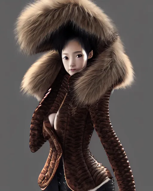 Image similar to dragon hunter, fur - lined dragonhide jacket!!! beautiful and elegant female!! gorgeous ayes!! character concept art, sharp focus, illustration, kinu nishimura!! ayami kojima! shunya yamashita! edayan!! octane render! unreal engine 5! highly rendered!! trending on artstation!! pixiv!