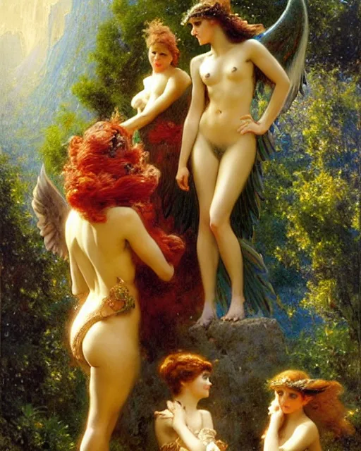 Prompt: harpies find a handsome man in the enchanted valley, painting by gaston bussiere, craig mullins, j. c. leyendecker