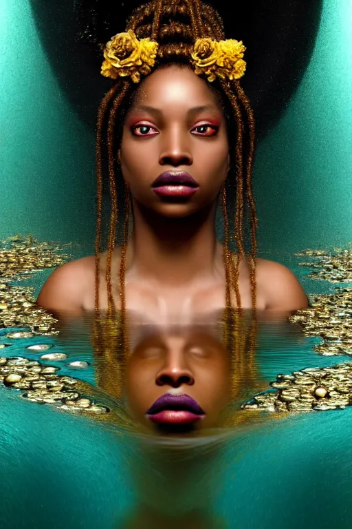 Prompt: hyper realistic neo - rococo cinematic very expressive! black oshun goddess, open eyes, body in water, mirror dripping droplet!, gold flowers, highly detailed face, digital art masterpiece, smooth eric zener cam de leon dramatic pearlescent teal light, ground angle uhd 8 k, sharp focus