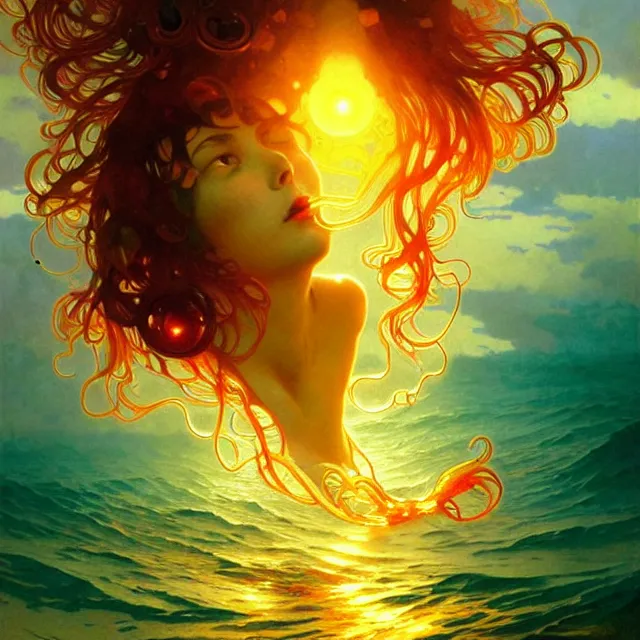 Image similar to backlit ocean waves of glossy kaleidoscopic liquid honey drops flowing like psychedelic translucent amber, lsd waves, lsd ripples, backlit, sunset, refracted lighting, art by collier, albert aublet, krenz cushart, artem demura, alphonse mucha