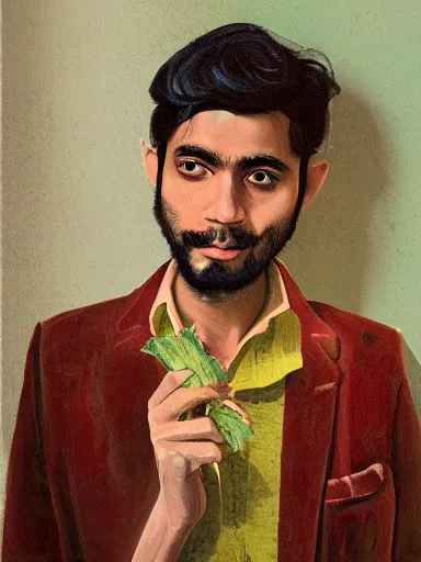 Prompt: artwork by Saul Leiter and Enjolras Delphin and Wes Anderson, of a solo individual portrait of an Indian guy with lilies, dapper, simple illustration, domestic, nostalgic, full of details, Matte painting, trending on artstation and unreal engine