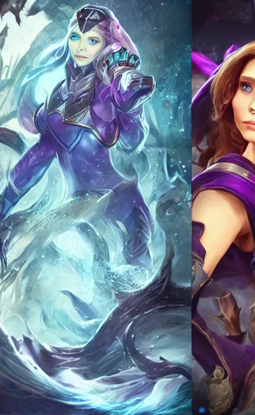 Image similar to Elizabeth Olsen as a character in the game League of Legends, with a background based on the game League of Legends, detailed face, old 3d graphics