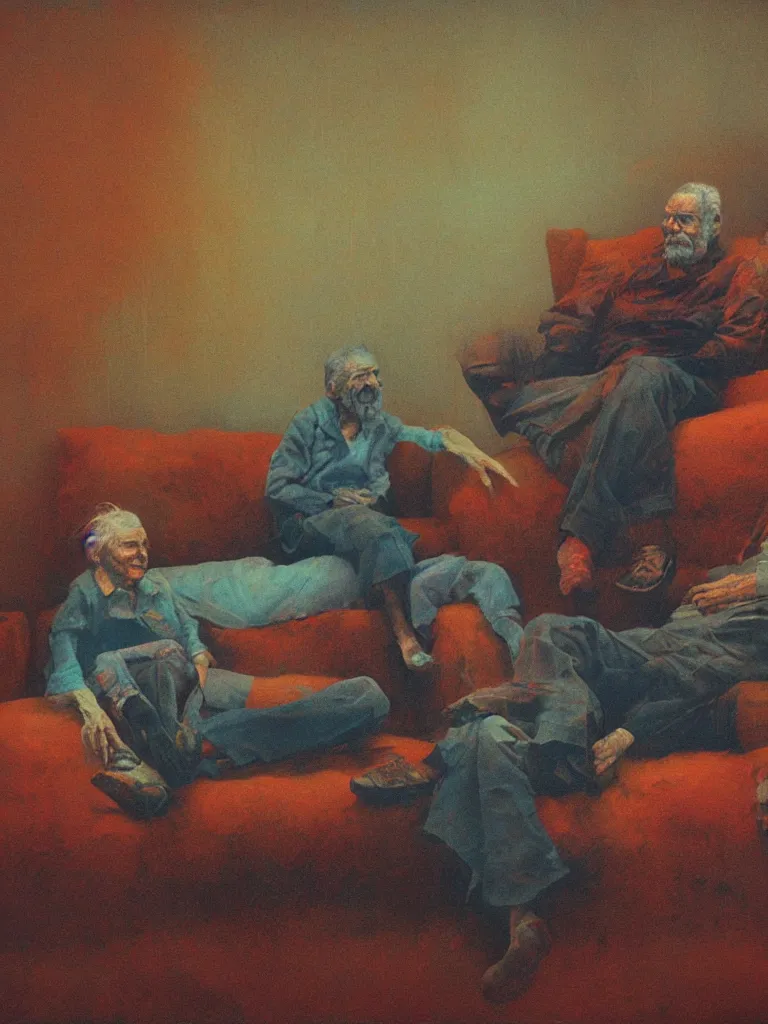 Image similar to highly detailed photo of a very old couple sitting on a couch, psx game graphics , Beksinski painting, part by Adrian Ghenie