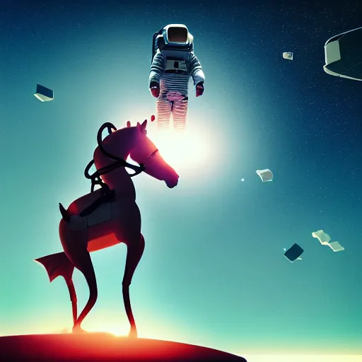 Image similar to photography of anthropomorphic horse men riding on top of an astronaut horse back. from western by hiroyuki okiura and katsuhiro otomo and alejandro hodorovski style with many details by mike winkelmann and vincent di fate in sci - fi style. volumetric natural light photo on dsmc 3 system,