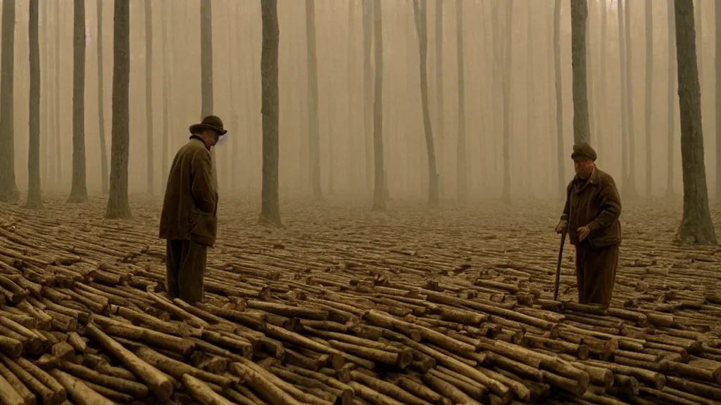 Image similar to a man working in a wood factory, film still from the movie directed by wes anderson with art direction by zdzisław beksinski, wide lens