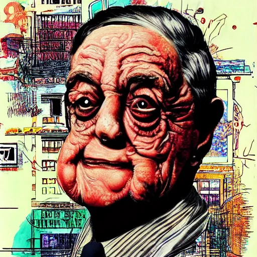 Image similar to George Soros full body shot, dollar bills Body horror, biopunk, by Ralph Steadman, Francis Bacon, Hunter S Thompson