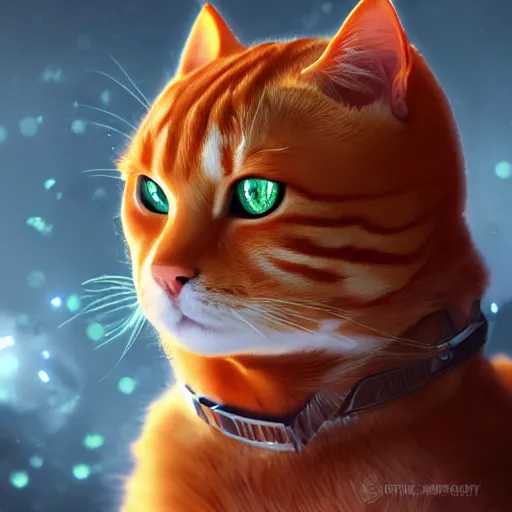 Image similar to an orange tabby cat with LED armor, artstation, concept art, smooth, sharp focus, illustration, highly detailed, unreal engine, RGB LED