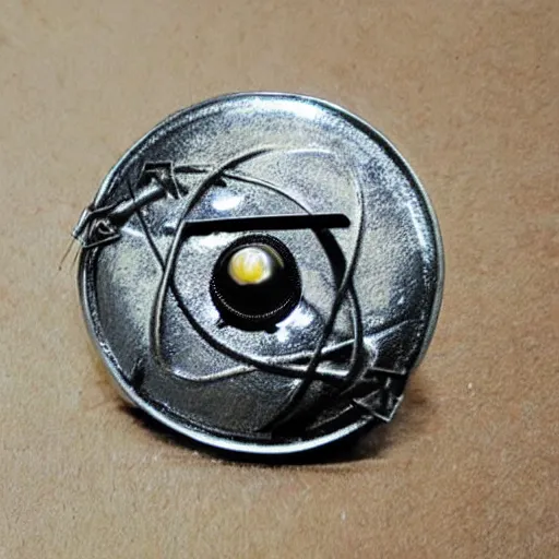 Image similar to transhumanism, metal badge with a hair clip, science, eternity, long life, technology, atom, reliability