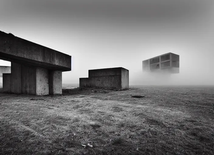 Prompt: high resolution black and white photography with a 3 5 mm f / 2 2 lens of brutalist architectural buildings in romania in the middle of nowhere in the 8 0's, there is fog and snow. fine art photography and very detailed and sad.