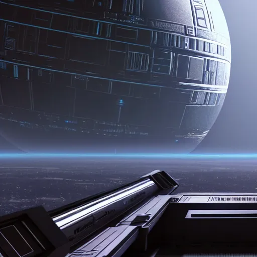 Image similar to death star inspired by star wars movies above the horizon, galaxy and stars in background, highly detailed, photorealistic shot, bright studio setting, studio lighting, crisp quality and light reflections, unreal engine 5 quality render