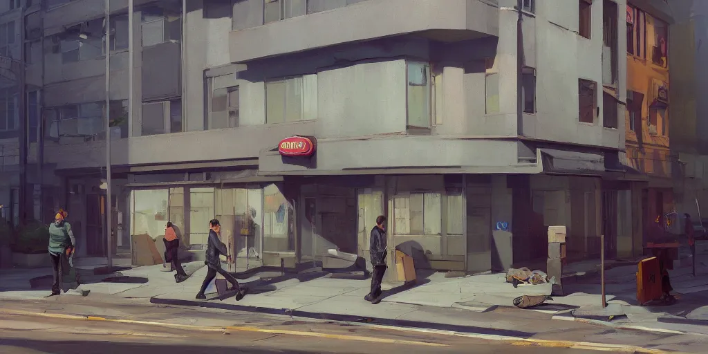 Image similar to empty residential building with owned by bank sign and homeless people outside on a street in a cardboard box on a curb in a modern big city by Craig Mullins, ilya kuvshinov, krenz cushart, artgerm trending on artstation by Edward Hopper and Dan Mumford and WLOP and Rutkovsky, Unreal Engine 5, Lumen, Nanite