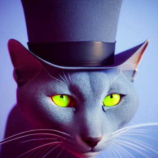 Image similar to a Russian Blue cat with amber eyes wearing a top hat, intricate detail, 3d render, octane render, god rays, depth of field, trending on artstation, 4k, hd