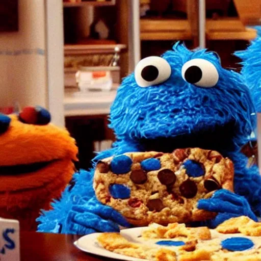 Image similar to Cookie Monster Muppet on Sesame Street eating pizza in secret, happy