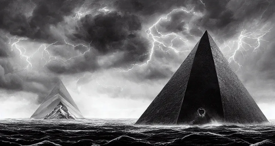 Image similar to black lovecraftian eldritch!! obsidian pyramid!! with a man standing on top of it on a snowy island, raging stormy seas, shadow of a creature in the background by eugene von guerard, ivan shishkin, night, red lightning!!, storm!, dramatic lighting, concept art, trending on artstation, 8 k