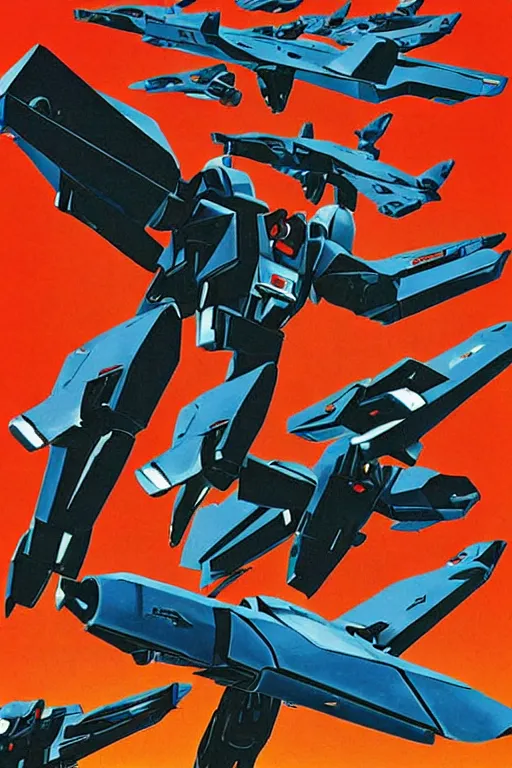 Prompt: poster art, movie poster, retrofuturism, sci - fi, textured, paper texture, a group of vf - 1 valkyrie robotech veritech fighters flying next to each other, poster art by by edward valigursky, saul bass and paul rand, dynamic composition