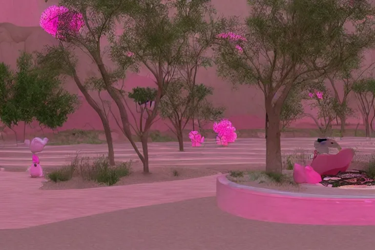 Image similar to desert oasis in a translucent pink casing electronic environment, ps 3 screenshot, still from a kiyoshi kurosawa movie, sanrio core