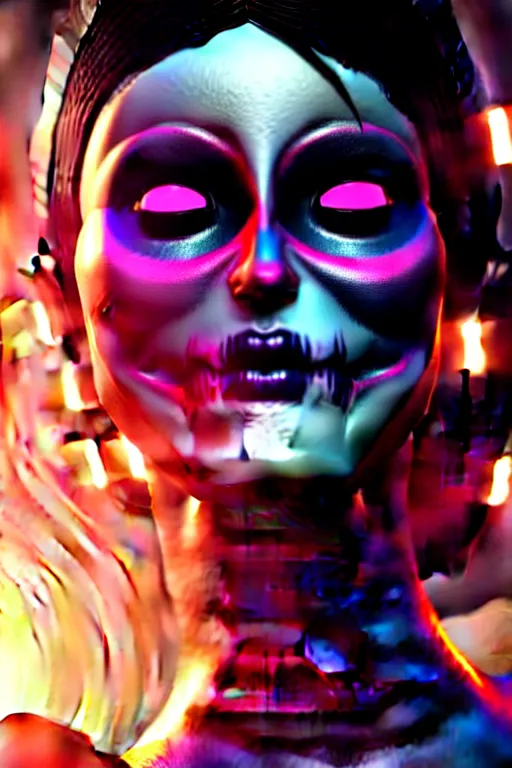 Prompt: beautiful android woman, crying eyes closed!, sharp, photorealistic cinematic, 3 d model, cyborg, postcyberpunk, blade runner, octane render, concept art, vogue, 8 k, intricate detailed environment el dia los muertos. by terry oneill