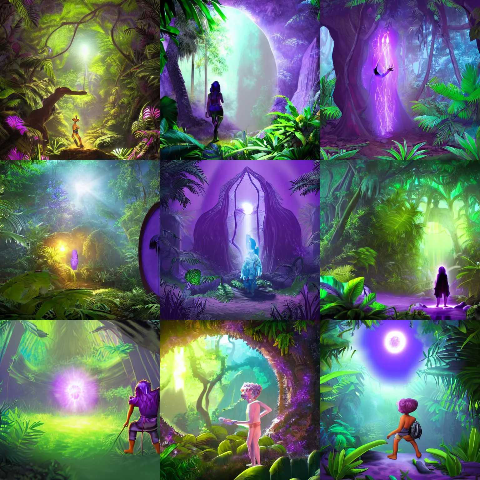 Prompt: an explorer finding a purple glowing portal in the jungle, fantasy