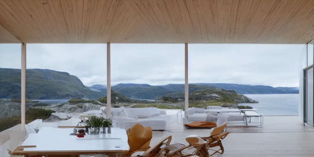 Prompt: modern norwegian fjord beach house designed by norman foster, contemporary architecture, photography