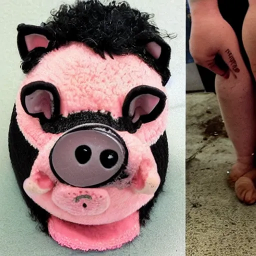 Prompt: inmate wearing cute mini pig head