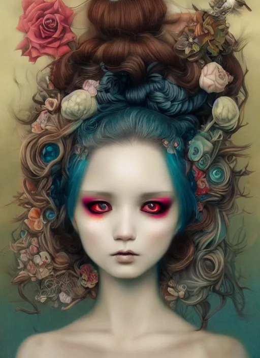 Image similar to pop surrealism, lowbrow art, realistic cute girl painting, japanese street fashion, hyper realism, muted colours, rococo, natalie shau, loreta lux, tom bagshaw, mark ryden, trevor brown style,