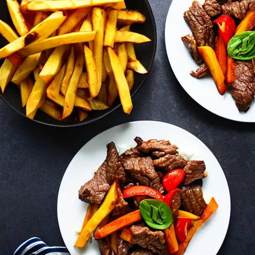 Image similar to dslr food photograph of stir fried beef, mixed with tomato wedges and french fries, with white rice on the side, 8 5 mm f 1. 8