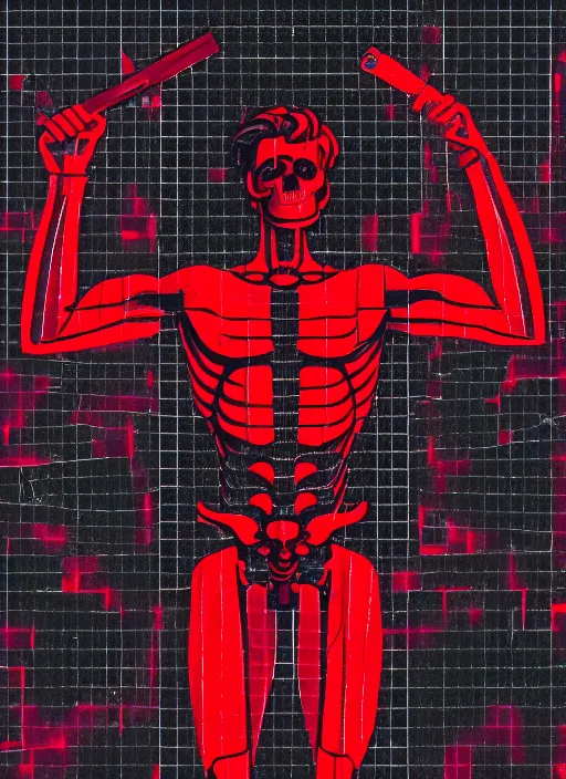 Image similar to black background, statue of hercules, ( ( ( skeleton ) ) ), grey, thin lines, dark, red grid, glitch art, neo vaporwave, gritty, movie poster, layout design, trending on artstation