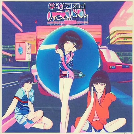 Image similar to album - cover of a 1 9 8 0 s japanese city - pop record featuring an anime illustration by mizucat. cute stylish woman ; sports car ; neon ; urban summer drive.
