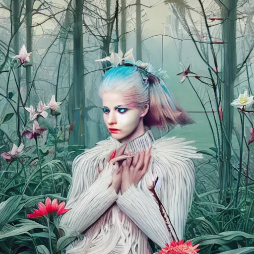 Prompt: pretty model with white wolf, white lilies : : by martine johanna and simon stalenhag and chie yoshii and casey weldon and wlop : : ornate, dynamic, particulate, rich colors, intricate, elegant, highly detailed, vogue, wolf, harper's bazaar art, fashion magazine, smooth, sharp focus, 8 k, octane render