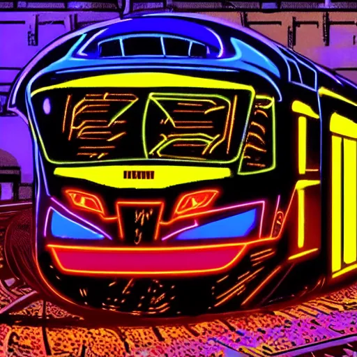 Image similar to cybertronic neon train, mechanical, glowing, shooting flames