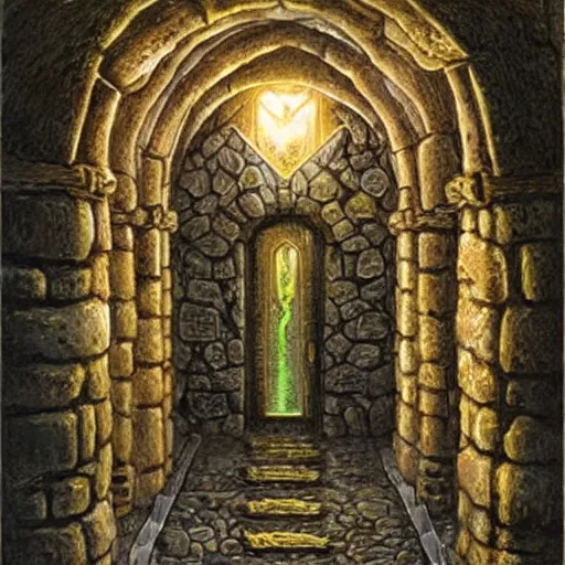 Prompt: A glowing archway covered in brass runes at the end of a stone hallway, art by jeff easley