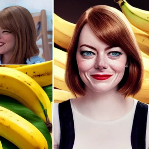 Image similar to a banana fruit that has the accurate facial expressions of emma stone on it, dark humor, dalle 2 generation