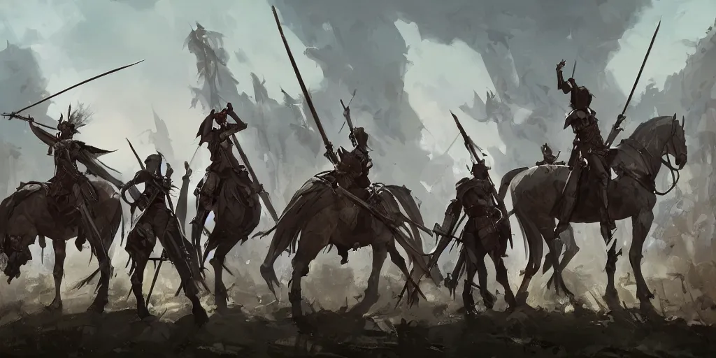 Image similar to army of powerful medieval knights holding spears and flags on horses by makoto shinkai, nier automata environment concept artstyle, greg rutkowski and krenzcushart