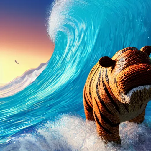 Image similar to a closeup photorealistic photograph of a cute smiling knitted tiger hippopotamus riding a wave at sunset. surf in background. professional capture. brightly lit scene. this 4 k hd image is trending on artstation, featured on behance, well - rendered, extra crisp, features intricate detail, epic composition and the style of unreal engine.