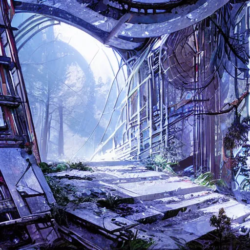 Image similar to stairs leading to a derelict portal in a middle of a snowy lush futuristic forest, alien world seen through a portal, daylight, cinematic lighting, blue sky, syd mead, john harris