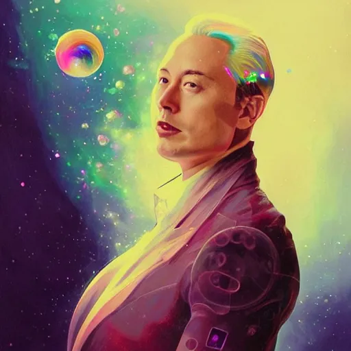 Prompt: dream portrait of Elon Musk, dreamy and ethereal, expressive pose, big pink eyes, exciting expression, fantasy, intricate, elegant, many rainbow bubbles, rose tones, highly detailed, digital painting, artstation, concept art,cyberpunk wearing, smooth, sharp focus, illustration, art by artgerm and greg rutkowskiand alphonse mucha,Salvador Dali.