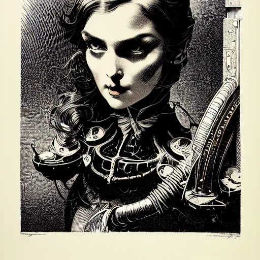 Image similar to portrait soft light, by bernie wrightson and joe fenton and simon bisley, inspired victorian sci - fi, etching, fine, sharp high detail, red and grey, screen print,