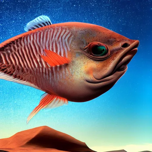 Image similar to a high resolution photo of a beautiful muscular fish watching the end of the universe in the desert