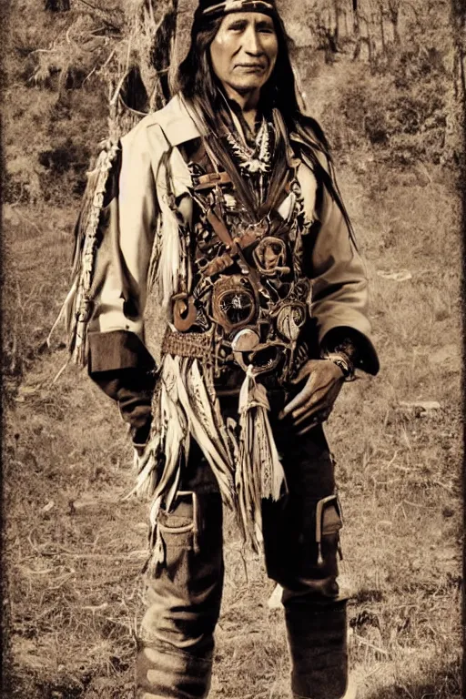 Prompt: thin native American Indian man in his 30s, wearing cargo buckskin jacket buckskin tactical toolbelt pockets bandolier full of trinket and baubles, steampunk arcane shaman, deadlands, weird west