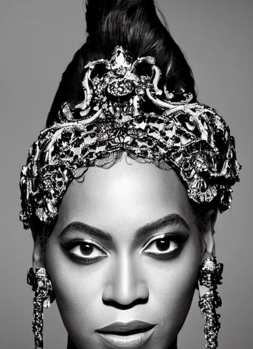 Image similar to photo of beyonce styled by nick knight posing, intricate headpiece, showstudio, face close up, canon, vogue magazine, 2 0 2 0, canon, highly realistic. high resolution. highly detailed. dramatic. 8 k. 4 k.