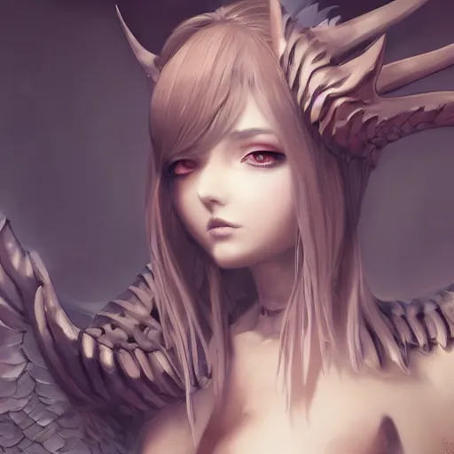 Prompt: a beautiful anime girl wtih demon horns and Skeleton wings,full body painting,by Greg Rutkowski and Ilya Kuvshinov and Christian angel,super clear detailed,hyper realistic,trending on artstation,4k