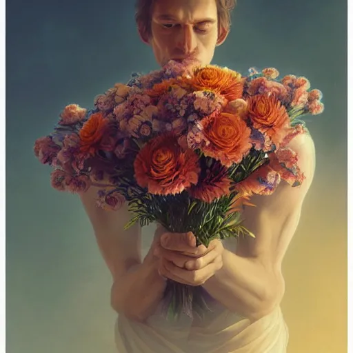 Image similar to portrait of god, holding a bouquet of flowers ， exude an eternity ， hyperrealistic, by beeple, greg rutkowski, caspar david friedrich, smooth, illustration, elegant, artstation, digital painting.