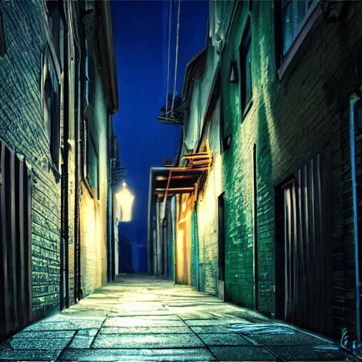 Prompt: detailed realistic photo of an alley at night, low angle