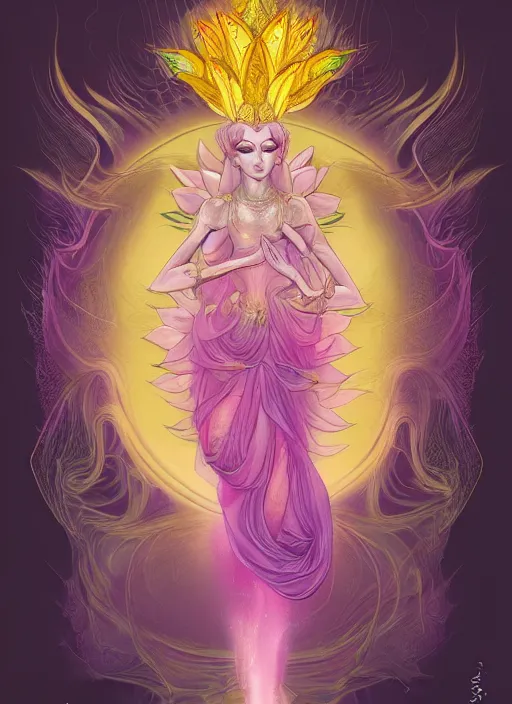 Prompt: 'lotus goddes, full body, purple, pink, yellow, concept character, water drops, lotus flower, beautiful, stunning, pink mist, radiating power, energy, god rays, luminescence, fractal, style of james jean, akira, satoshi con'